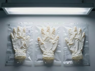 Overhead flat-lay of sterile examination gloves in sealed packaging, batch numbers visible on labels, cool institutional fluorescent light, clean white background