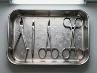 Overhead flat-lay of stainless steel surgical instruments — forceps, scissors, clamps — arranged in a sterile tray under institutional fluorescent light, sharp shadows, matte surface