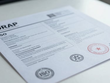 Close-up of DRAP and ISO certification documents laid flat on a white surface, official regulatory stamps and seals visible, cool daylight from above, no hands in frame