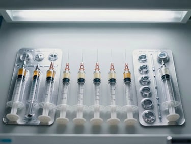 Close-up overhead shot of blister-packed auto-disable syringes in multiple sizes arranged in a precise grid on a white institutional surface, cool fluorescent light