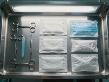 Overhead flat-lay of surgical instruments, wound-care dressings, and clinical supply pouches arranged methodically on a stainless steel institutional surface, cool fluorescent light