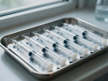 Close-up of sterile syringe blister packs arranged in rows on a metal tray, batch number labels legible, cool daylight from a high window, clinical surface