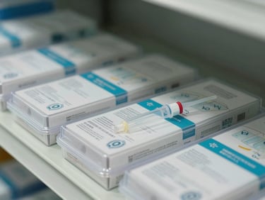 Close-up of specialised clinical supply packaging — IV cannulas, catheters, and drainage tubes in sealed cartons on a warehouse shelf, batch numbers visible, institutional daylight