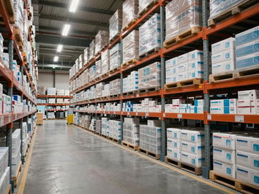 Wide-angle view of a distribution warehouse interior with floor-to-ceiling metal shelving stacked with labeled medical supply cartons, cool institutional fluorescent light, no people