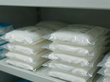 Overhead close-up of sterile wound dressings and gauze packs in sealed pouches stacked on a clinical shelf, batch codes visible, cool fluorescent light, no shadows