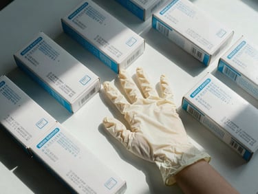Overhead flat-lay of neatly arranged boxes of nitrile examination gloves on a white surface, visible size and batch labels, cool daylight from above