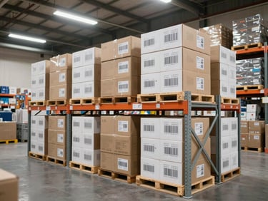 Wide shot of warehouse distribution center shelving stacked with boxed medical supply cartons, barcode labels facing forward, institutional fluorescent overhead lighting, no people
