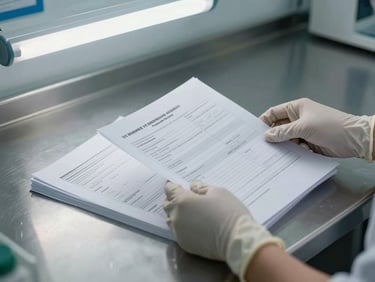 Hands in latex gloves sorting through printed compliance documents and batch records on a metal institutional table, cool fluorescent overhead light, no faces visible