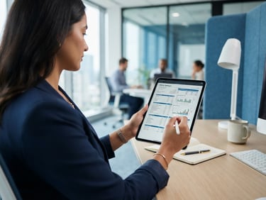 Over-the-shoulder shot of a business consultant analyzing utility contracts on a tablet screen, bright office daylight, clean blue and white interior tones.