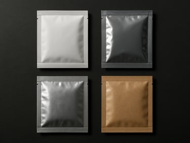 Overhead flat-lay of four single-chamber sachets arranged in a precise grid on a matte dark surface, each sachet showing a different material finish — matte laminate, glossy film, metallic foil, kraft composite — studio strobe from upper left casting clean dimensional shadows across seam edges