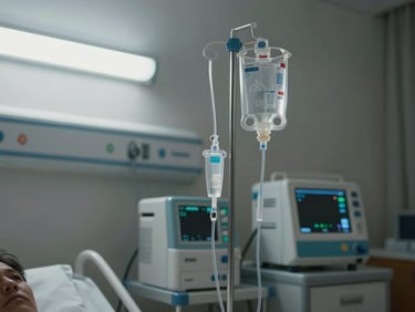 Medium shot of PICU bedside setup with apheresis circuit primed and ready, overhead fluorescent light, no patient visible, clinical equipment detail in focus