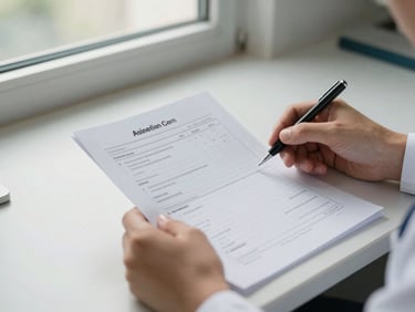 Close-up of clinician hands reviewing printed laboratory result sheets on a lit desk, north-facing window daylight, clinical paperwork in sharp focus, no warm tones