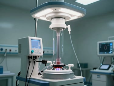Wide shot of an ICU apheresis machine in mid-procedure, tubing and centrifuge column visible under cold fluorescent overhead light, clinical environment in background, no patient faces