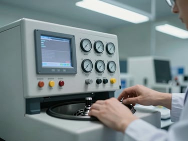 Close-up of hands operating a centrifuge control panel in a clinical lab, cool fluorescent overhead light, instrument dials and display in sharp focus, documentary framing