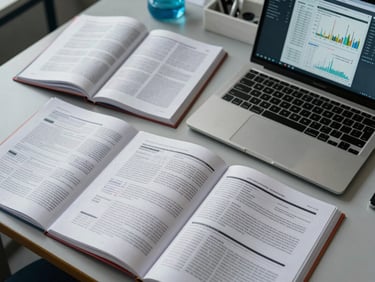 Overhead view of a research table with open journal articles, annotated printouts, and a laptop displaying data graphs under cool office lighting, no people visible