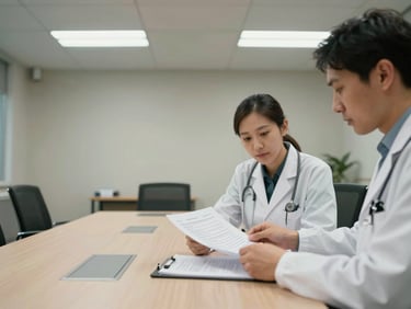 Wide shot of a small conference room, two clinicians at a table reviewing a printed protocol document under fluorescent light, context-showing medium framing, no faces identifiable
