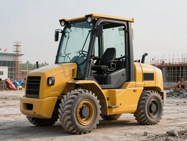 Wide shot of a yellow telehandler on a grey construction site, operator's gloved hand on the joystick control, early morning light, industrial background
