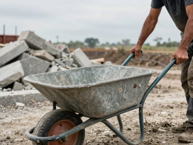Close-up of a labourer's hands gripping a wheelbarrow handle on a muddy construction site, overcast daylight, concrete and rubble in background