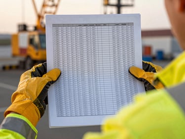 Close-up of a mobile crane load chart sheet held by an operator wearing yellow safety gloves and high-visibility jacket, crisp focus on the numbers, golden hour light