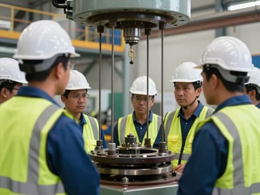 A team of Thai engineers in white hardhats and safety vests inspecting a heavy industrial machine rigging setup with steel wire ropes