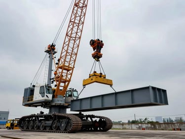 A massive 250-ton crawler crane lifting a heavy steel beam structure on a concrete foundation, dramatic overcast sky, wide angle