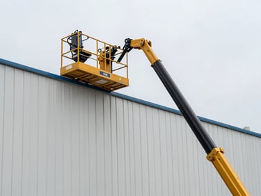 An aerial work platform cherry picker extended high up against a clean industrial building facade, safety focus
