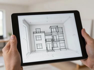 A close-up of an iPad screen displaying a clean, high-tech architectural wireframe blueprint overlaid on a real living room wall, held by hands in a clean construction environment.
