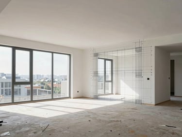 Wide-angle architectural interior of a modern apartment mid-renovation, clean lines, bright daylight, with a digital wireframe overlay showing precise measurements.
