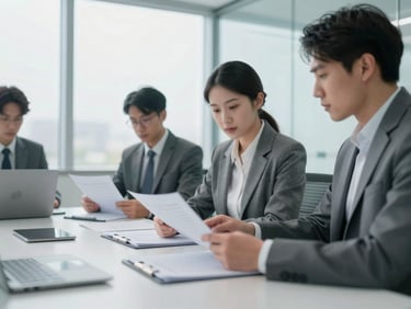 A collaborative meeting in a bright glass-walled room, focused professionals analyzing structured documents, soft overcast daylight, slate gray tones.