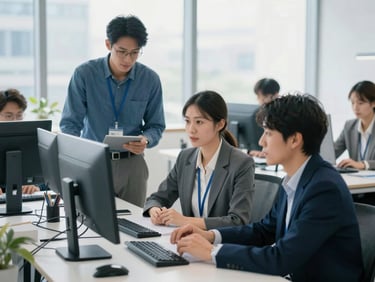 Focused specialists collaborating over screens in a bright, modern slate-toned office, natural daylight, sharp focus, 35mm