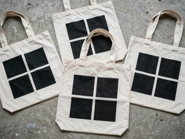 Flat lay of canvas tote bags with bold black graphic prints on raw concrete, soft overcast daylight