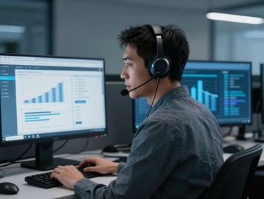 Agente de call center con auriculares profesionales, frente a dos pantallas mostrando gráficos de ventas y un CRM, con iluminación de oficina moderna y tonos azulados.