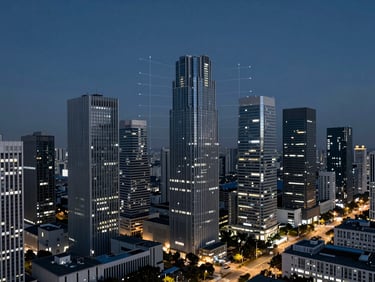 Vista aérea de una ciudad moderna con edificios y líneas eléctricas, con un sutil overlay digital que representa redes de comunicación.