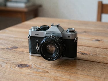 An old school 1980s analog film camera resting on a rustic wooden table, soft side light, authentic grainy texture