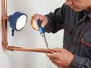 Clean commercial photography of a professional plumber in a dark uniform soldering copper pipes with a bright, focused work light, detailed copper tones, sharp focus, 35mm lens