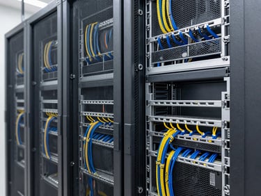 Neatly organized server rack with color-coded, combed structured cabling, crisp focus, architectural lighting.