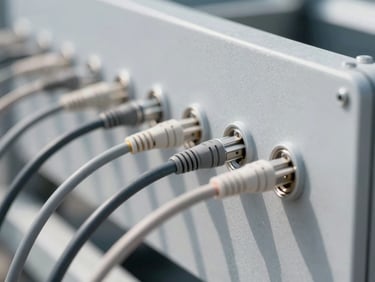 Close-up of a demarcation point panel with neatly connected fiber optic cables, industrial setting, bright lighting.