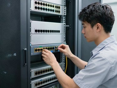 Technician in clean branded gear performing precise work on a network switch inside a server cabinet, crisp focus, cool tones.