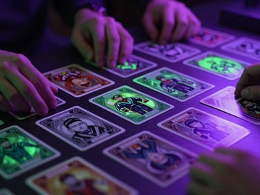 Close-up of trading cards laid out on a dark table under electric purple and neon green neon lights, players hands visible in soft focus.