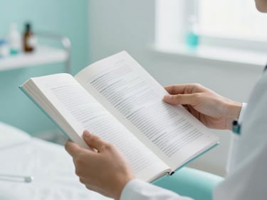 Close-up of Dr. Joi Johnson's hands holding a medical textbook with notes, clean medical-spa environment, bright diffused daylight, soft teal and slate accents, crisp focus, high-end medical aesthetic, 35mm.