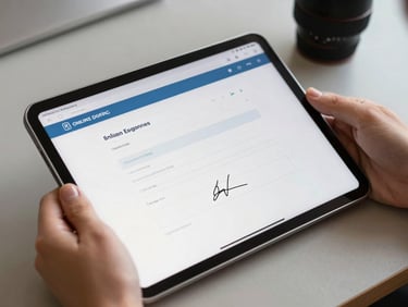 Close-up of a tablet screen showing an online document signing interface with a completed signature field visible, hands holding device on a taupe desk surface, bright daylight
