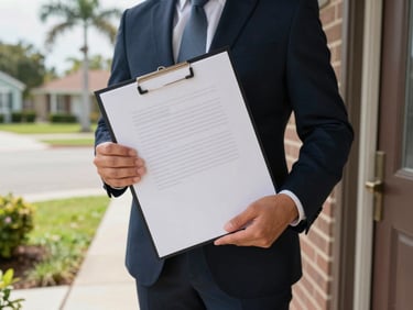 Medium shot of a notary arriving at a residential front door holding a document folder, bright Florida daylight, neighborhood street visible behind, no faces shown—focus on the folder and doorstep