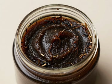 Extreme close-up overhead studio shot of an open glass jar of dark herbal hair mask on a neutral surface, thick paste texture with visible plant fibre, bright diffused north-facing studio light, clean background