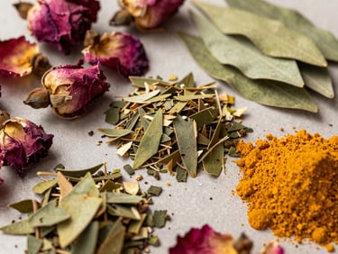 Extreme close-up overhead of raw botanical skincare ingredients — dried rose petals, neem leaf fragments, and ground turmeric powder arranged in small piles on a neutral surface — bright north-facing daylight, sharp texture detail, no lifestyle props