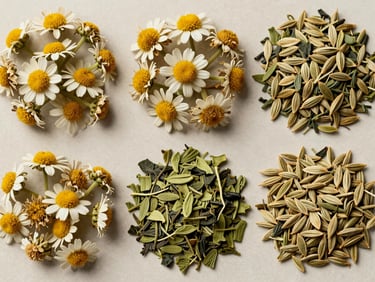 Extreme close-up overhead of dried herbal wellness ingredients — chamomile flowers, green tea leaf fragments, and fennel seeds in separate small clusters on a pale neutral surface — bright studio lighting from above, sharp botanical detail, no packaging or props