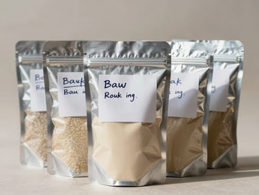 Wide studio shot of several sealed foil bulk ingredient packets labeled by hand standing upright on a neutral surface, bright north-facing daylight, clean background