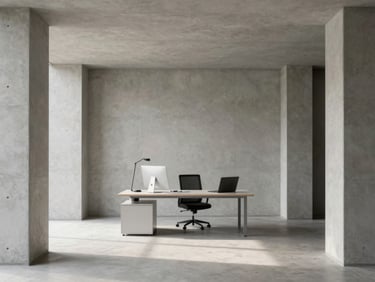 Minimalist editorial photography, soft diffused daylight, architectural concrete lines, professional organized workspace with a clean desk and structural shadows, 35mm lens.