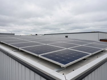 Close-up of a completed rooftop solar array on a Canadian commercial building, overcast diffused daylight, aluminium rail mounts and panel edges sharp in frame, no sky above panel line, documentary framing