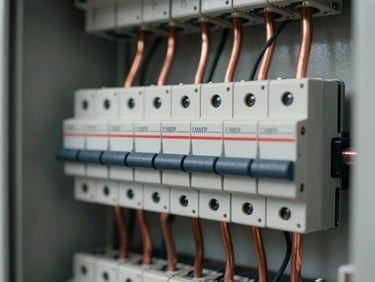 Extreme close-up of a residential electrical panel interior, copper bus bars and circuit breakers in focus, overcast ambient light from a nearby window, no faces, documentary framing showing neat wiring runs