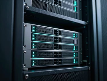Macro shot of physical-digital server interfaces, cool ambient lighting with sharp teal accent lights, high-contrast corporate editorial style